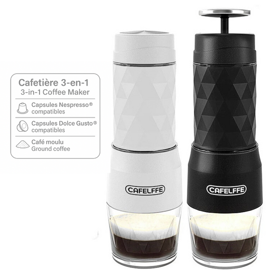 Machine à Café Portable 3-en-1 – Compatible Capsules Nespresso®, Dolce Gusto® & Café Moulu