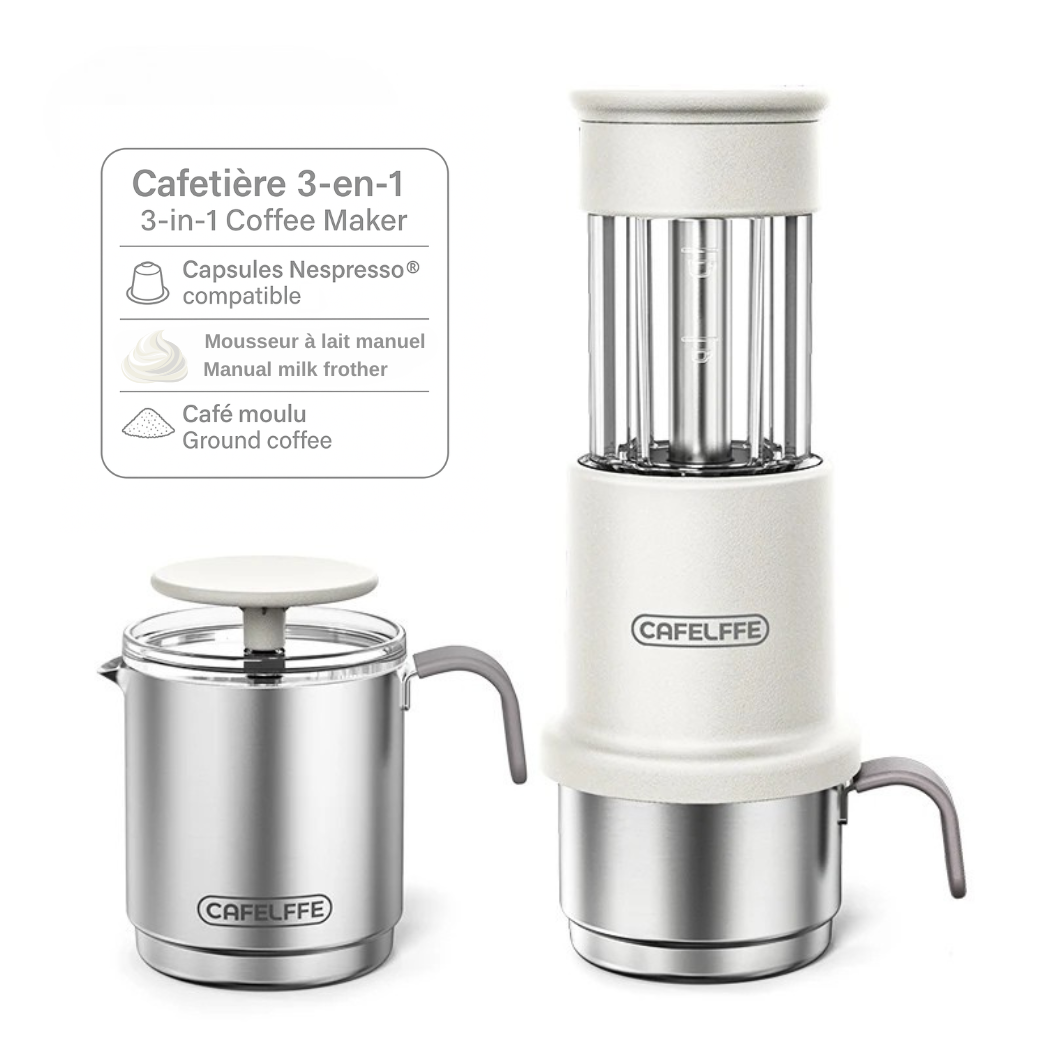 Machine à Café Portable 3-en-1 – Compatible Capsules Nespresso® & Café Moulu – Avec Mousseur Manuel