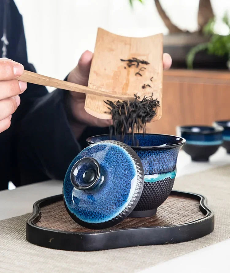 Set de thé nomade  –  Bol céleste & émail bleu nuit