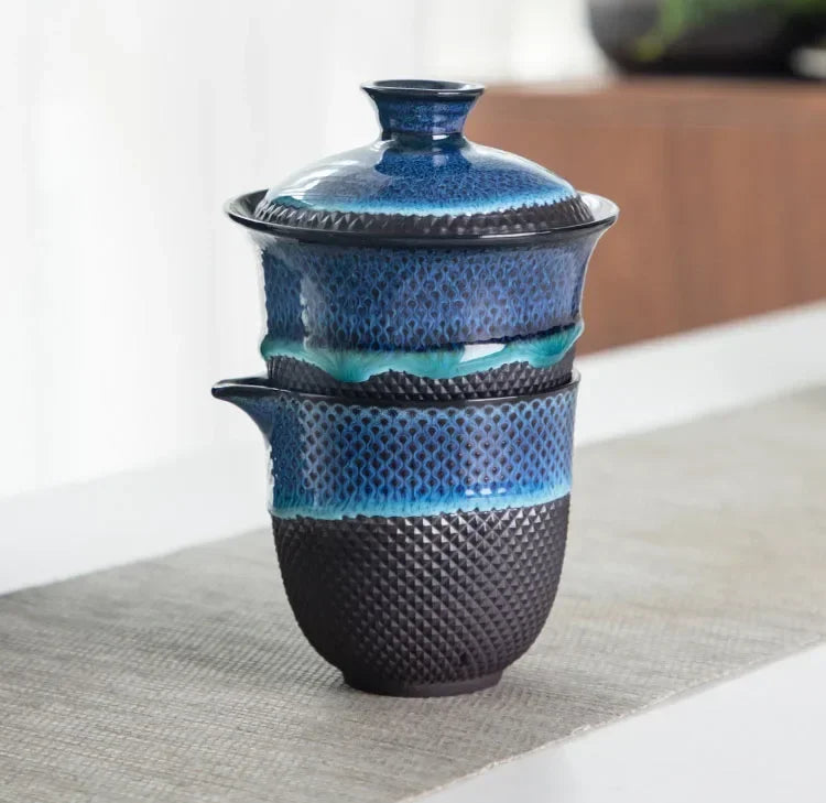 Set de thé nomade  –  Bol céleste & émail bleu nuit